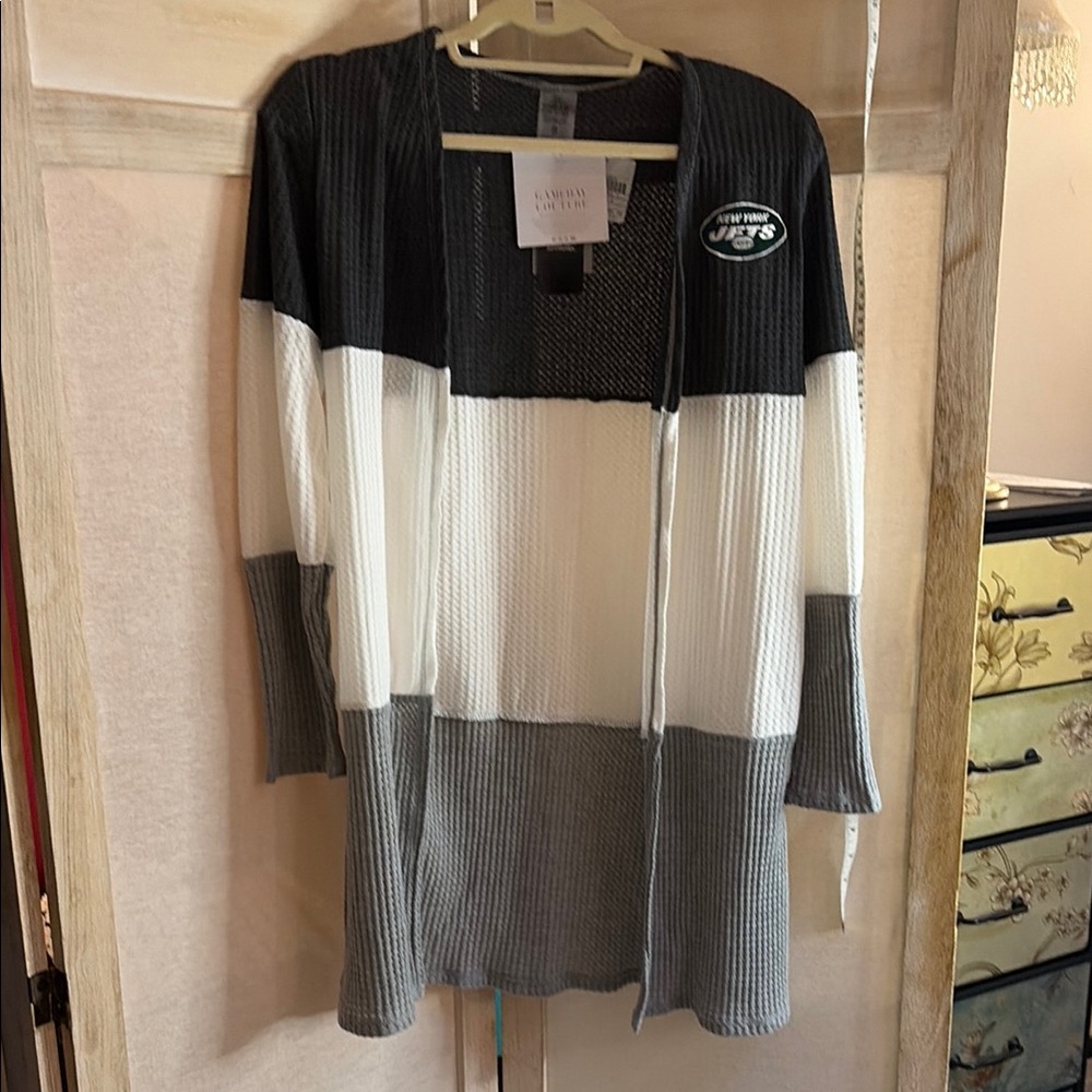 Colorblock Open-Front Women’s Sweater Cardigan NFL JETS - Gray/White
